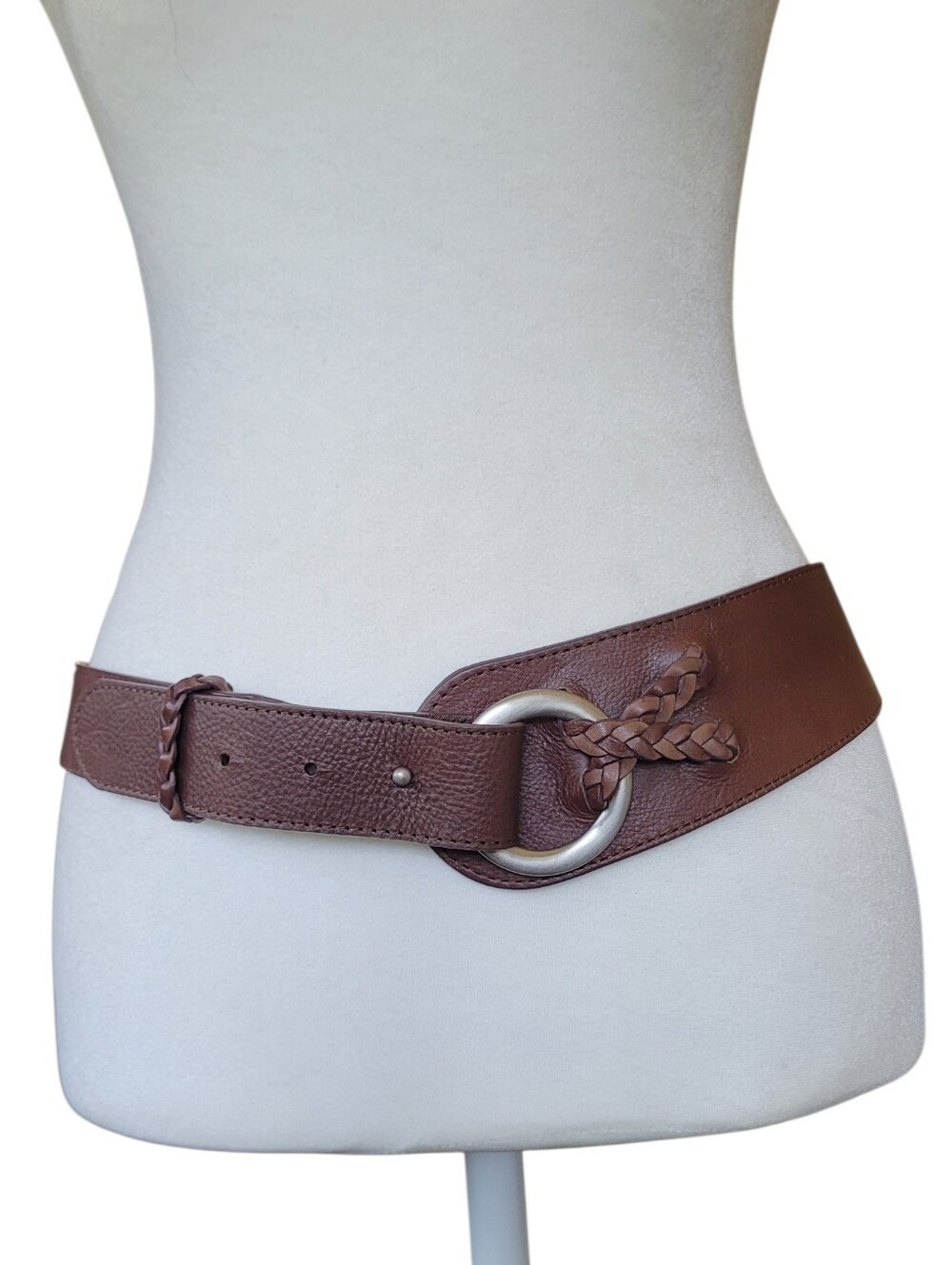 J. Jill Brown Braided Genuine Leather Waist Belt with Silver Ring Womens XL